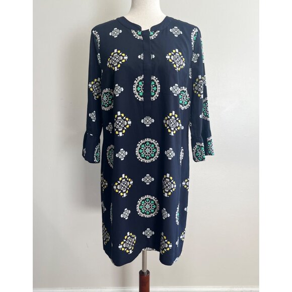 Crown and Ivy Shift Dress Womens 14 Navy Print Ruffle Sleeve Lined - Picture 1 of 8